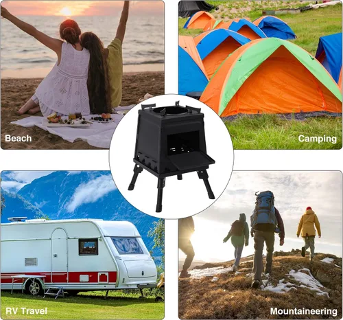 Miniatura 8 de Estufa de Campamento de Quema de Madera Lineslife, Estufa de Camping de Hierro Fundido Portátil, Estufa de Leña Negra con Estuche de Transporte