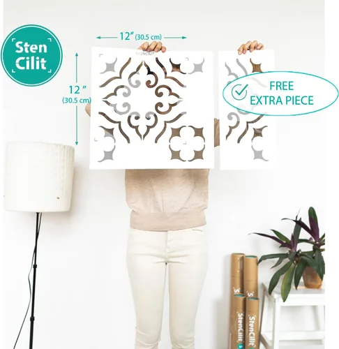Miniatura 3 de STENCILIT® Plantilla de azulejos de Málaga para suelos, paquete de 2 para una plantilla de azulejos de 12 x 12 pulgadas, plantillas de hormigón