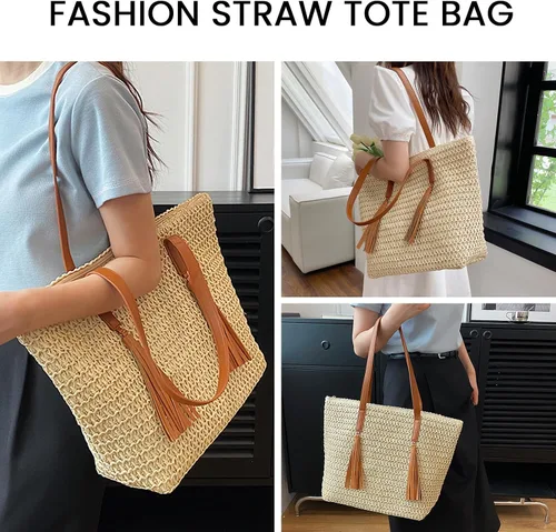 Miniatura 2 de Bolsa de playa de paja, bolsa de mano tejida de verano, bolso de hombro grande, bolsos de paja y bolsos para mujeres de vacaciones