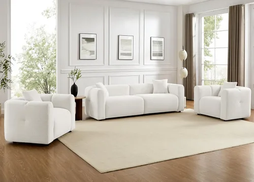 Miniatura 18 de Juegos de muebles de sala de estar VANOMi incluyen sofá de 95" y sillones de 42", sofá tapizado de bouclé extragrande con almohadas, juego de Blanco