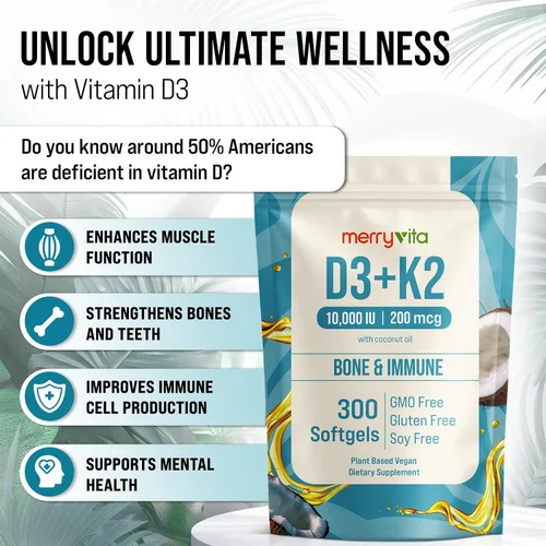 Miniatura 3 de MERRY VITA Vitamina D3 K2 300 cápsulas blandas – 10000 UI y 200 MCG K2 MK7 – A base de plantas, vegano, sin OMG, sin gluten – Aceite de coco