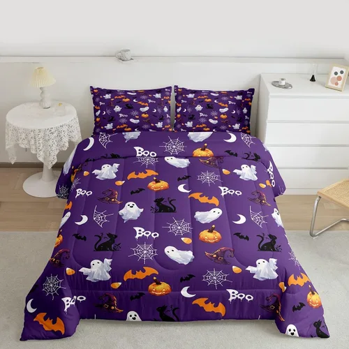 Miniatura 32 de Juego de edredón rosa con temática de Halloween, tamaño individual, edredón de farol de calabaza para adolescentes, juego de ropa de cama de Multi