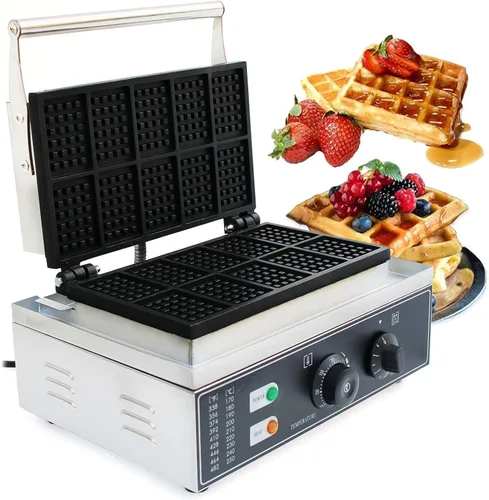 Máquina de gofres eléctrica comercial de 1500 W, máquina antiadherente de acero inoxidable 90,572.0 °F, máquina cuadrada de 10 rebanadas para