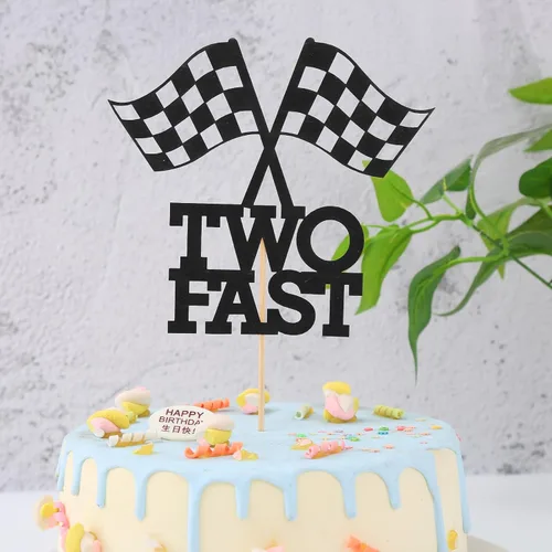 Miniatura 4 de Decoración para pastel de cumpleaños con temática de auto de carreras, decoración de fiesta de segundo cumpleaños, 6 x 6 pulgadas, bandera a