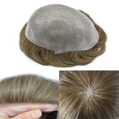 Miniatura 16 de Tupé de piel ultra fina para hombres pieza de cabello humano real sistema de reemplazo 0.002 in Mens Toupee Hairpiece para hombres V-Loop 8x10 80%