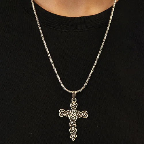 Miniatura 5 de Collar grande de plata de ley de 2 14 pulgadas con cruz pectoral con desplazamiento en S para mujeres y hombres, hecho a mano con o sin cadena