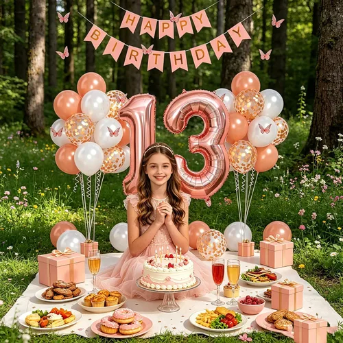 Miniatura 5 de 13th Birthday Decorations For Girls -Rose Gold Pearl White Balloons, 32 Inch Rose Gold "13" Balloon, 3D Butterflies Stickers, Happy Birthday Banner