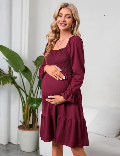 Miniatura 4 de KOJOOIN Vestido de verano de manga corta con cuello cuadrado para mujer, estilo bohemio, fruncido, con volantes, casual, vestido midi para baby