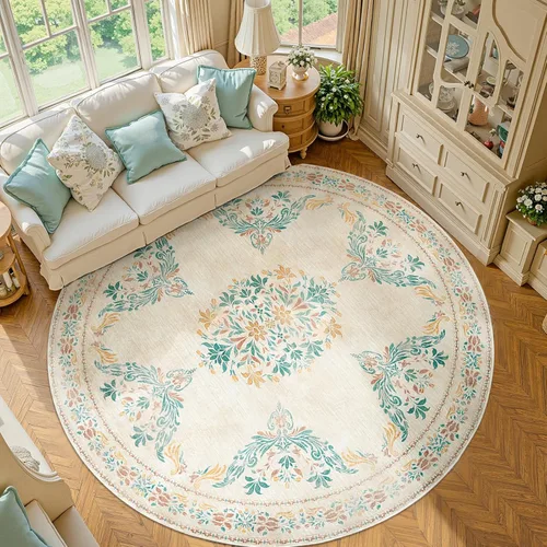 Miniatura 158 de Jinchan Fiora - Alfombra redonda de 8 pies, alfombras vintage con diseño floral envejecido, lavable a máquina, antideslizante, de pelo bajo, Azul