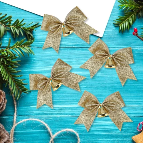 Miniatura 3 de Meseey 12 piezas de lazos de Navidad con campana, lazos de 4 pulgadas de oro metálico con purpurina para regalos, lazos prehechos con lazo