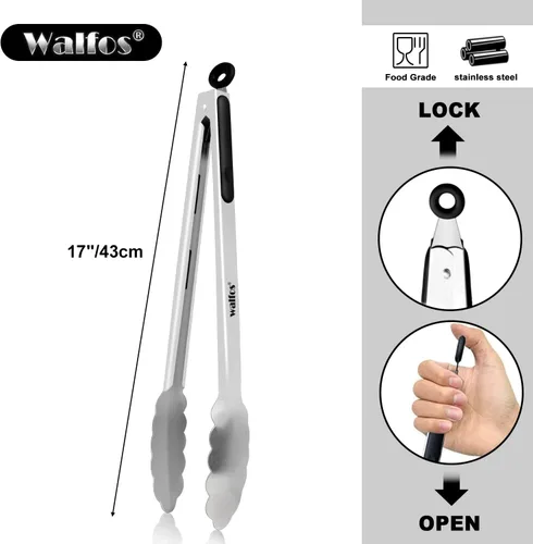 Miniatura 8 de Walfos Juego de 2 pinzas de parrilla extralargas de 17 pulgadas, pinzas de acero inoxidable para asar, cocinar, barbacoa/barbacoa, bufé y torneado 2