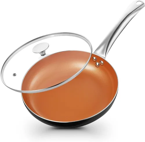 KOCH SYSTEME CS Sartén Pequeña con Tapa - Sartén antiadherente de cobre de 8" para horno y estufa, sartén pequeña con revestimiento cerámico, sartén