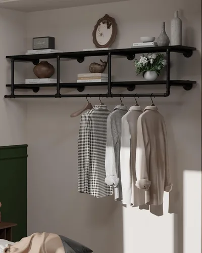 Miniatura 13 de Perchero montado en la pared de 12 pulgadas de profundidad, 42 pulgadas resistente con estante de madera de nogal real, barra de colgar multiusos