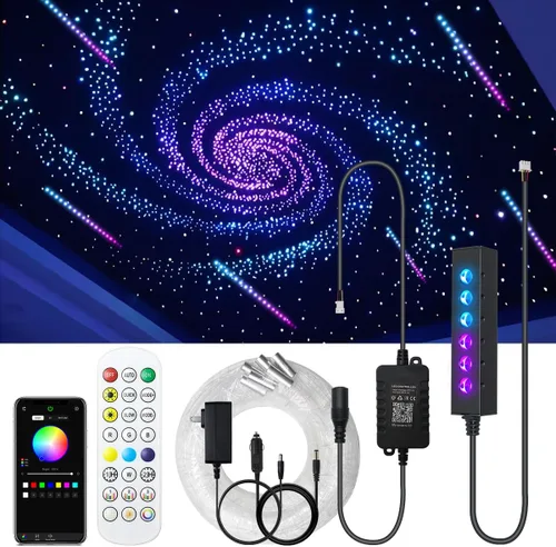 AKEPO - Kit de luz de fibra óptica RGB de 3.2 W, 6 orificios, controlado a través de aplicación, para el hogar y el automóvil, 13.1 pies, 360