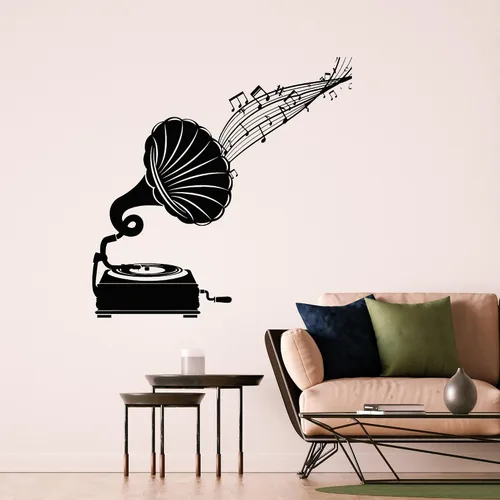 Vinilo adhesivo para pared, notas musicales, gramófono antiguo, vintage, retro, decoración grande (g9258), color negro