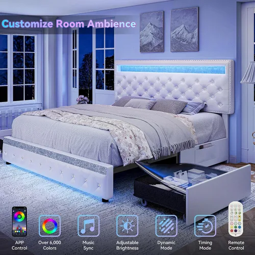 Miniatura 3 de Torana Marco de Cama LED Queen con 2 Cajones, Camas de Plataforma Tapizadas en Terciopelo con Cabecera de Almacenamiento Ajustable, Marco de Cama