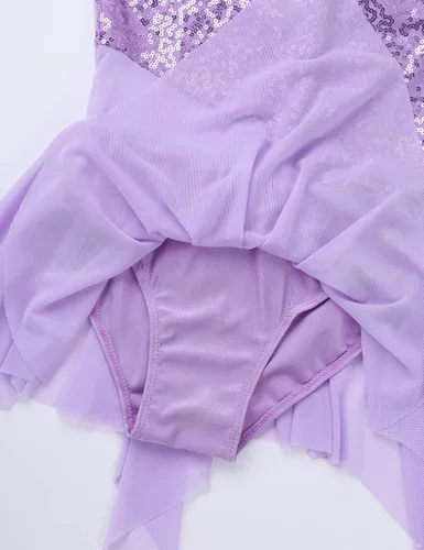 Miniatura 21 de YiZYiF Vestido de baile de lentejuelas para niños y niñas, leotardo de ballet, cuello alto, vestido lírico, traje de rendimiento irregular