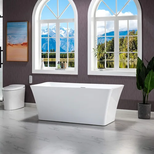 Miniatura 3 de WOODBRIDGE BTA1509 - Bañera independiente de acrílico de 59 pulgadas, bañera blanca de remojo contemporáneo con desbordamiento y drenaje de níquel
