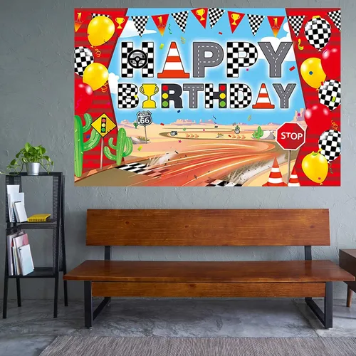 Miniatura 5 de Cartel de fondo de feliz cumpleaños de coche de carreras, fondo de fotografía de carril de carreras para niños, decoración de fiesta de carreras
