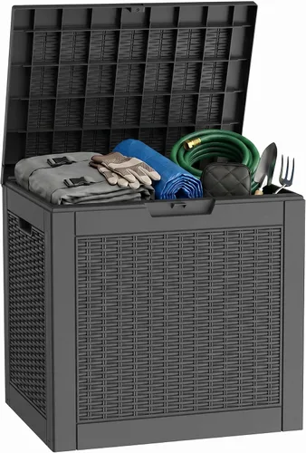 Miniatura 42 de Caja de cubierta para exteriores de 120 galones, cajas de almacenamiento impermeables con cerradura para herramientas de jardín, cojines de Gris