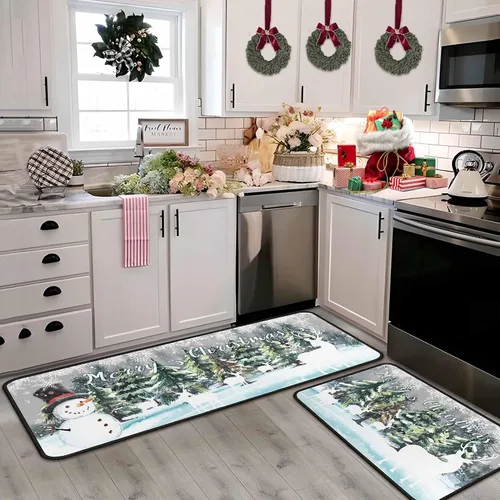 Miniatura 8 de Juego de 2 tapetes de cocina verdes de Navidad, decoración de Navidad antideslizante, ciervo, muñeco de nieve, alfombras de cocina de invierno