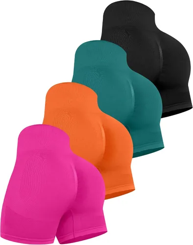 Miniatura 21 de CHRLEISURE Pantalones Cortos de Entrenamiento para Mujer, 4 Paquetes, Cintura Alta, Levantamiento de Glúteos con Fruncido, Pantalones Cortos Booty