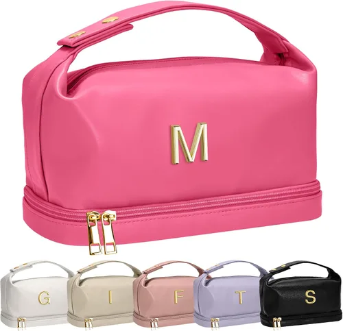 Miniatura 49 de Bolsa de maquillaje con asa, bolsa de cosméticos impermeable de doble capa, bolsas de maquillaje de cuero PU de gran capacidad con letra, bolsa