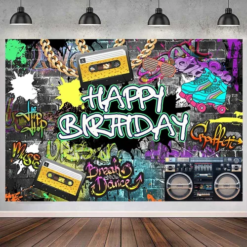 Miniatura 4 de Sensfun Graffiti - Telón de fondo de cumpleaños de los años 80 y 90, estilo urbano, retro, hip hop, fondo para fiesta de cumpleaños, cadena dorada