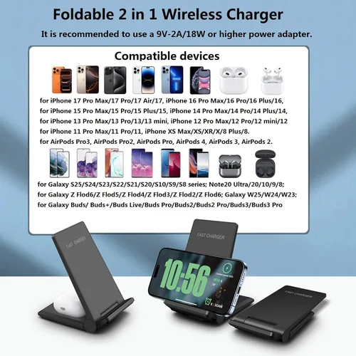 Miniatura 4 de Cargador inalámbrico 2 en 1, estación de carga inalámbrica rápida de 20 W plegable para iPhone 17 16 15 14 13 12 Pro Max/XS, Air Pods, para Samsung