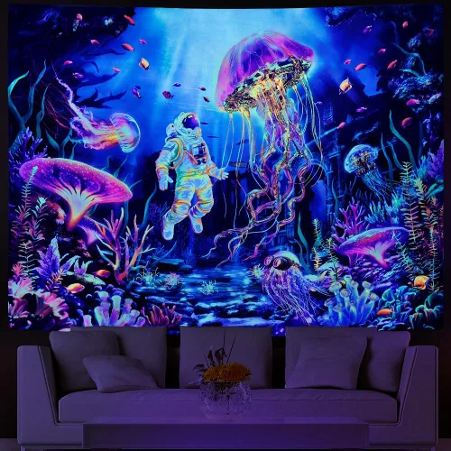 Miniatura 9 de Lahasbja Blacklight Galaxy Planet Tapiz UV Reactive Hongo Colgante de Pared Fantasía Estrellas Estrelladas Paisaje Montaña Paisaje Luz Negra Póster