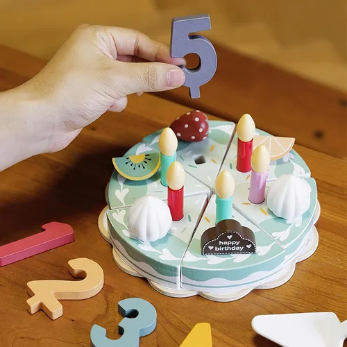 Miniatura 2 de Juego de comida de madera para jugar a pastel de cumpleaños, juego de fiesta de té para niños pequeños, juegos de accesorios de cocina Montessori