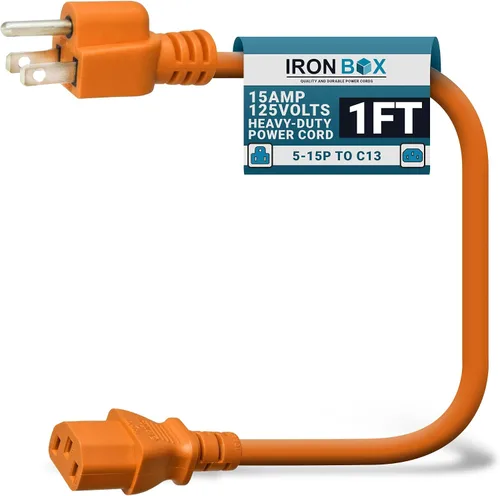 Miniatura 9 de IronBox Electric - Cable de alimentación de servicio pesado 5-15P a C13 - Cable de 3 clavijas 15A 125V 14/3 SJT para PC - Cable para computadora