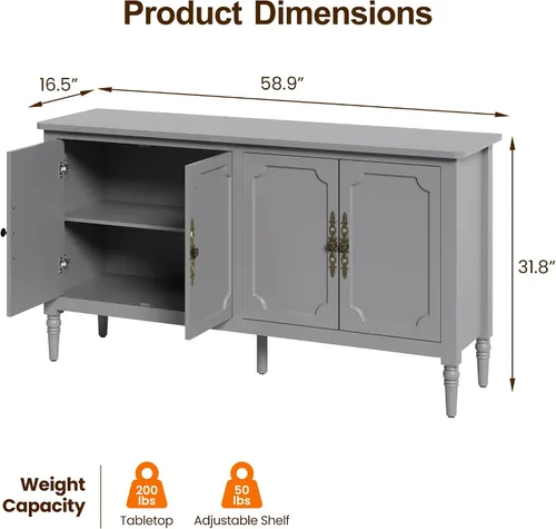 Miniatura 2 de RoyalCraft Armario buffet con almacenamiento, aparador vintage de 59 pulgadas con estantes ajustables, barra de café pintada moderna de mediados