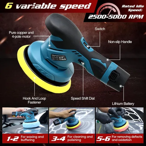 Miniatura 6 de Saker Pulidora de búfer inalámbrica para coche - Kit de máquina pulidora de cera portátil de 6 pulgadas para detalles de automóvil, con 3 piezas