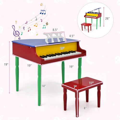 Miniatura 6 de Costzon Piano Clásico para Niños, Piano de Juguete de Madera de 30 Teclas con Soporte para Partituras y Banco, Mini Juguete Musical para Niños