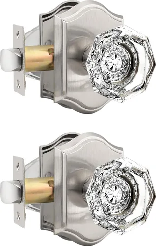 Miniatura 12 de Gobrico Paquete de 5 pomos de puerta de cristal de paso en latón antiguo para pasillo, armario, lavandería, forma octágono transparente, sin llave