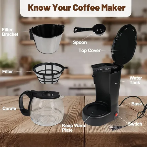 Miniatura 4 de Cafetera de goteo de 5 tazas de café antigoteo de un solo toque con jarra de filtro reutilizable, para mantener el calor, cuchara, cafetera