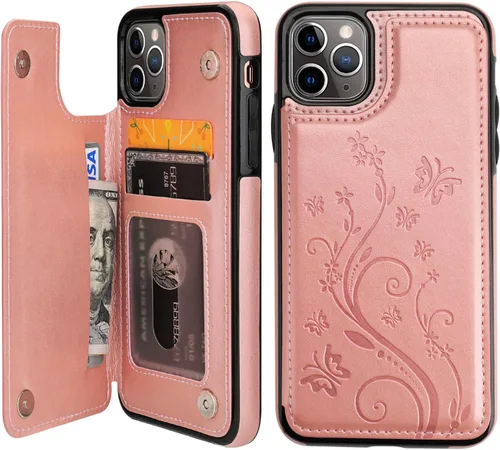 Vaburs Funda para iPhone 11 Pro Max con tarjetero, diseño de mariposa en relieve de piel sintética de alta calidad, doble botones magnéticos, a Oro