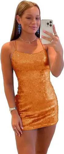 Wchecalino - Vestido corto de cóctel con tirantes delgados y lentejuelas para fiesta de exalumnos, ajustado, brillante, vestido corto de cóctel