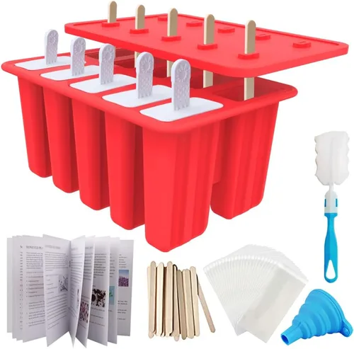 Miaowoof Moldes caseros para paletas de hielo, fabricante de paletas de hielo de silicona de 10 cavidades sin BPA, con 50 palitos, 50 bolsas, 10 Rojo
