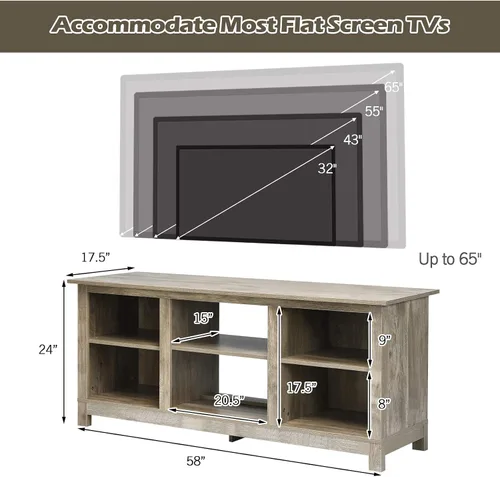 Miniatura 4 de Tangkula Soporte universal de madera de granja para TV de hasta 65 pulgadas, mesa consola de TV rústica con 6 estantes abiertos, centro