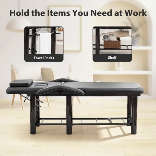 Miniatura 8 de Mesa de masaje estacionaria, cama de masaje con estante de almacenamiento, cama facial de spa con cojines para el pecho y reposacabezas extraíbles
