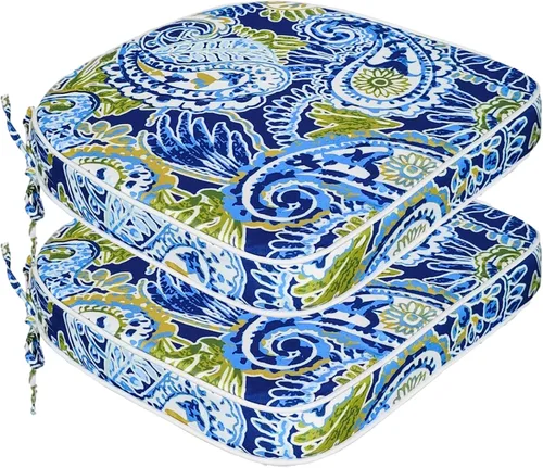 JMGBird Juego de 2 cojines para sillas de exterior, patrón de flores de mandala azul, 16 x 17 pulgadas, cojines de asiento de patio con lazos