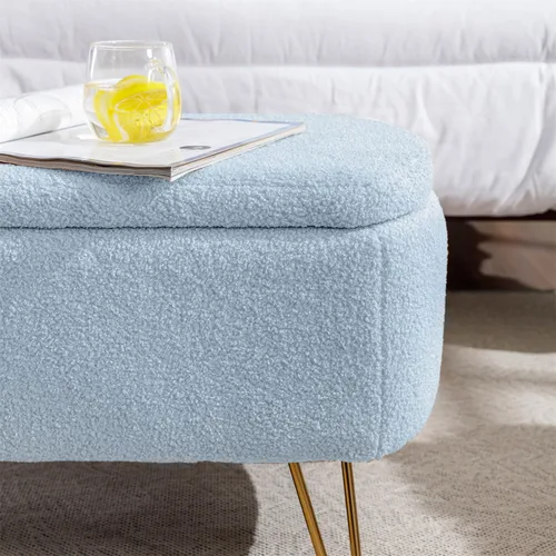 Miniatura 7 de Polibi Banco de almacenamiento, banco otomano de piel sintética con patas doradas, acolchado tapizado con almacenamiento para lado de la cama, Azul