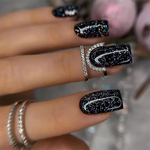 Miniatura 15 de Uñas postizas a presión de color rojo vino brillante, uñas postizas largas de almendra, uñas postizas onduladas doradas irregulares con pegamento