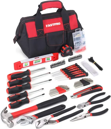 FASTPRO Juego de herramientas de reparación del hogar de 215 piezas con bolsa de almacenamiento abierta de boca ancha de 12 pulgadas, kit de Rojo