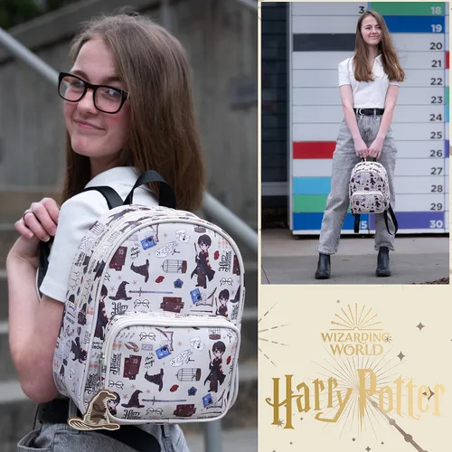 Miniatura 7 de Harry Potter Wizarding World Magic Mini mochila con estampado de iconos Hogwarts Allover de 10.5 pulgadas, correas ajustables, piel sintética