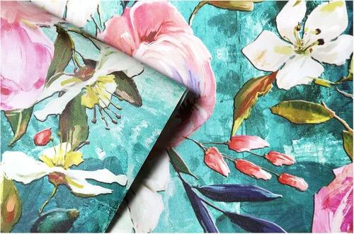 Miniatura 7 de HAOKHOME Papel tapiz floral para despegar y pegar, verde azulado/rosa, extraíble, texturizado, para decoración de dormitorio, guardería, 17.7