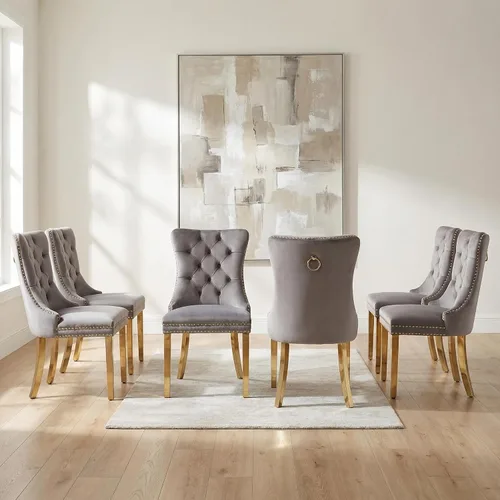 Miniatura 129 de OVENTA Juego de 4 sillas de comedor modernas tapizadas copetudas, terciopelo negro y gris y cuero con patas de madera maciza, sillas de cocina