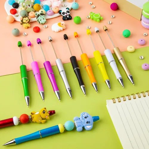 Miniatura 7 de 12 piezas de bolígrafos de plástico con cuentas, bolígrafos con cuentas de silicona de animales, cuentas espaciadoras de cristal, bolígrafos de bola